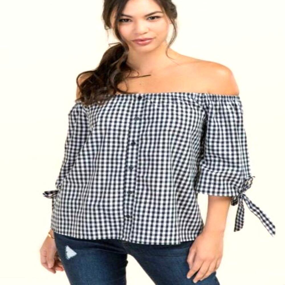 Blue Rain Gingham Checkered Off The Shoulder Shirt M